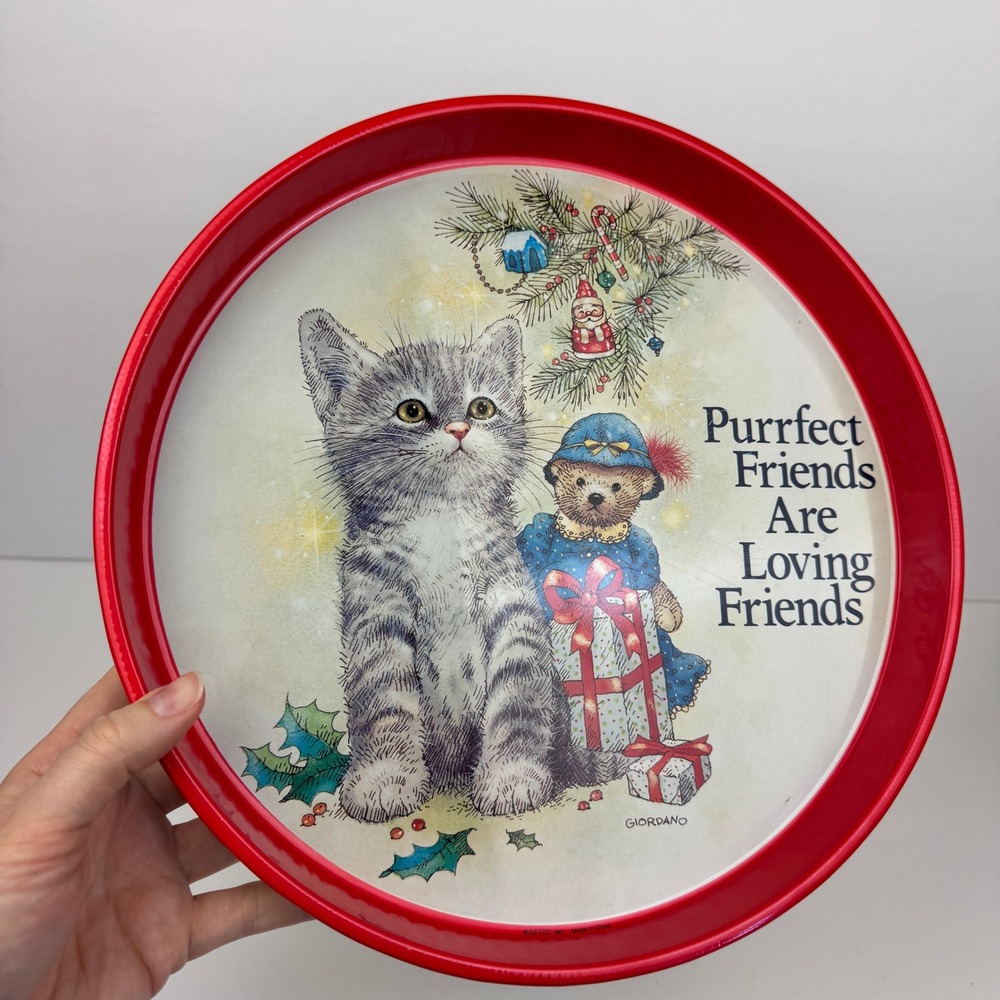Vtg Giftco Purrfect Friends are Loving Friends Cat Christmas Round Tray Giordano